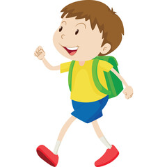 Smiling Boy With Backpack Walking Happily Wearing Yellow T-shirt Blue Shorts and Red Shoes