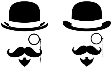 Two distinguished gentlemen with bowler hats, monocles, and mustaches isolated on, exuding vintage charm and sophistication