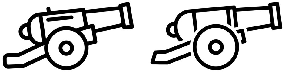 Two vintage cannon icons in black and white, symbolizing history, warfare, and naval power isolated on