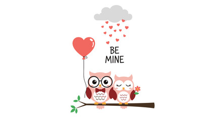 Sweet owl couple sharing love with a heart balloon and romantic heart rain, expressing affection for Valentine's Day or anniversaries