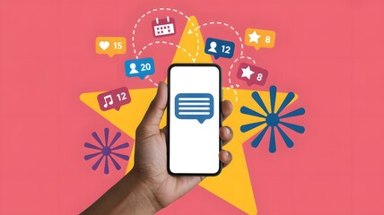 Smartphone showing new chat message with colorful social media icons on pink background, digital communication, connection, and online interaction concept