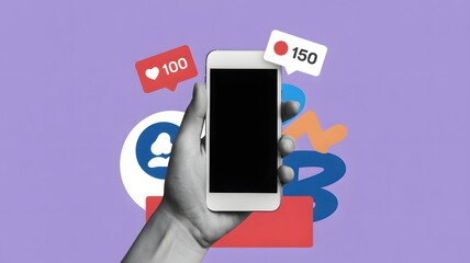 Hand holding smartphone with social media app likes and notifications symbols on purple background, concept of online engagement, followers, and communication