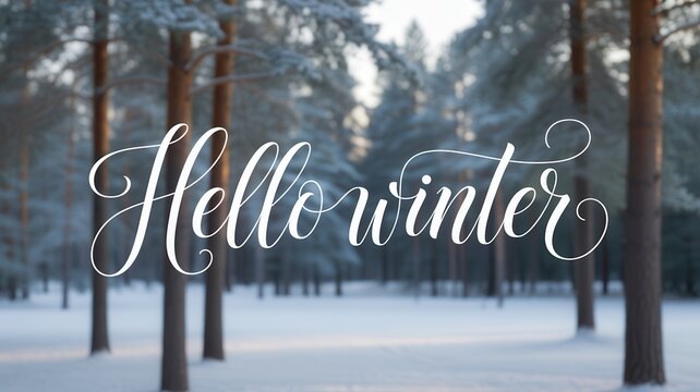 Hello winter text effect with a snowy forest and trees in background - Powered by Adobe