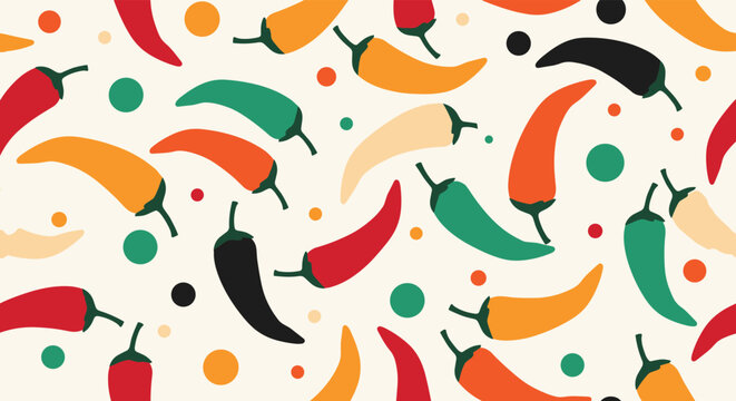 Vibrant chili peppers pattern for a spicy fiesta, perfect for Mexican restaurant menus, colorful culinary designs, or eye-catching food packaging