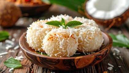 Close-up shot of several coconut sweets on a wooden plate, adorned with a fresh green leaf. The presentation suggests a culinary delight, emphasizing the textures and flavors