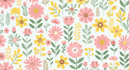 Delightful floral pattern perfect for spring textiles and cheerful designs, with whimsical pink and yellow flowers on a soft background for a happy feel