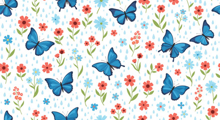 Delicate blue butterflies and cheerful flowers create a delightful spring pattern, perfect for textiles, wallpaper, or a vibrant, nature-inspired design