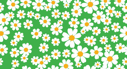 Delightful daisy pattern on vibrant green background creates a cheerful, summery mood perfect for spring designs and joyful projects