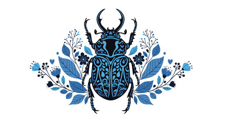 Elegant blue beetle with floral accents for modern designs, crafts, and nature-inspired projects or invitations, perfect for a stylish statement