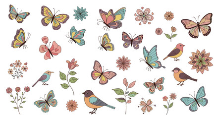 Delicate butterfly and bird illustrations with charming floral accents create a whimsical, hand-drawn springtime feel perfect for invitations and art projects