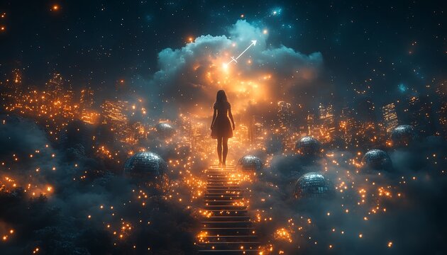 Silhouette woman on stairs looking at glowing city and starry night sky woman silhouette