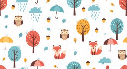 Adorable woodland pattern with cute foxes, owls, trees, and umbrellas brings a touch of cozy autumn charm to your designs and children's projects