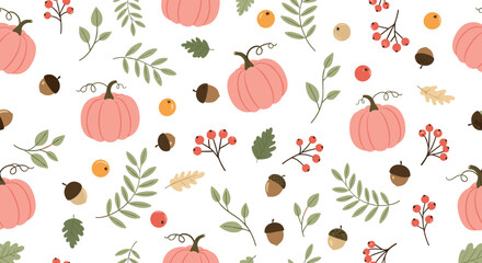 Charming autumn pattern with pink pumpkins, acorns, berries, and leaves for festive designs and creative harvest celebrations, a seasonal design
