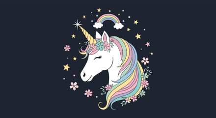 Dreamy unicorn with rainbow mane and floral crown, perfect for magical designs and whimsical projects that spark joy and imagination for everyone