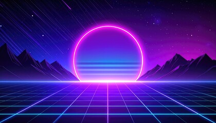 A neon geometric scene of a glowing circle, mountains, and a grid, creating a futuristic, retro vibe