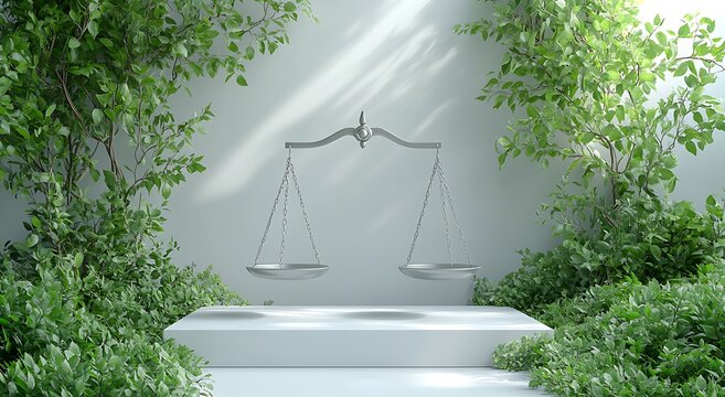 Silver Balance Scales on White Pedestal Surrounded by Lush Green Foliage justice weighing