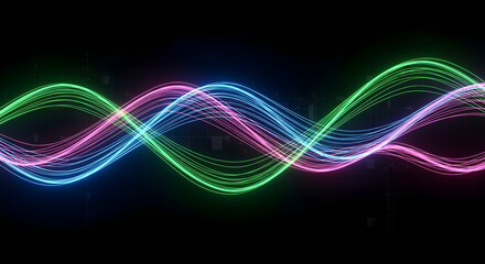 Vibrant neon wave forms pulse with energy against a dark digital circuit board background. isolated on white background