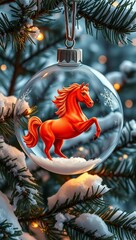 Clear Christmas Bauble with Red Rearing Horse Figurine on Snowy Winter Pine Branch Background_2