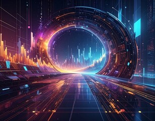 Futuristic digital data portal with glowing ring and city skyline