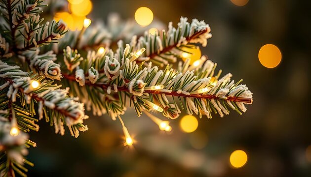 Sparkling fairy lights twinkle on a frosted evergreen branch, casting a warm, inviting ambiance,  warm,  winter