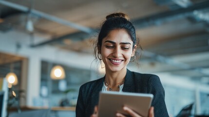 Modern Professional: A smiling professional is engaged, working on a tablet, showcasing a blend of technology and professional work, in a stylish office environment. 