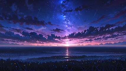 sunset over the lake cartoon anime
