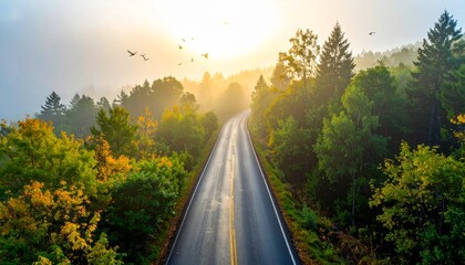 Serene autumn road winds through misty forest as golden sunbeams illuminate vibrant foliage and soaring birds