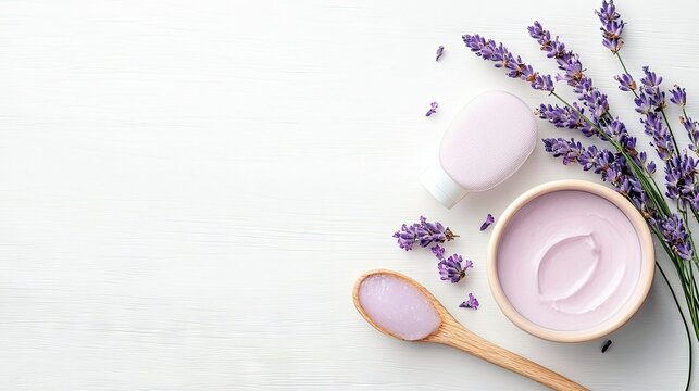A flat lay of lavender spa products, including a bottle, bowl of cream, and spoon with cream, arranged with fresh lavender sprigs on a white wooden surface.