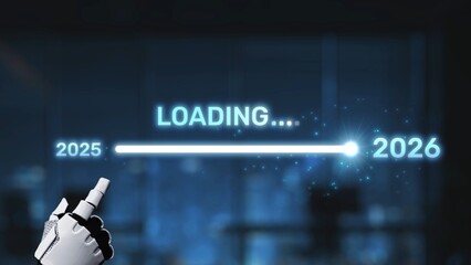 A dynamic digital loading progress bar indicating the transition from 2025 to 2026, complemented by a futuristic hand interface in an office environment, symbolizing innovation. Synapse