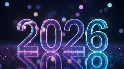 2026 glowing 3D text design with colorful light reflections and bokeh background, futuristic happy new year concept for celebration and modern art design