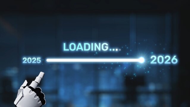 A dynamic digital loading progress bar indicating the transition from 2025 to 2026, complemented by a futuristic hand interface in an office environment, symbolizing innovation. Synapse