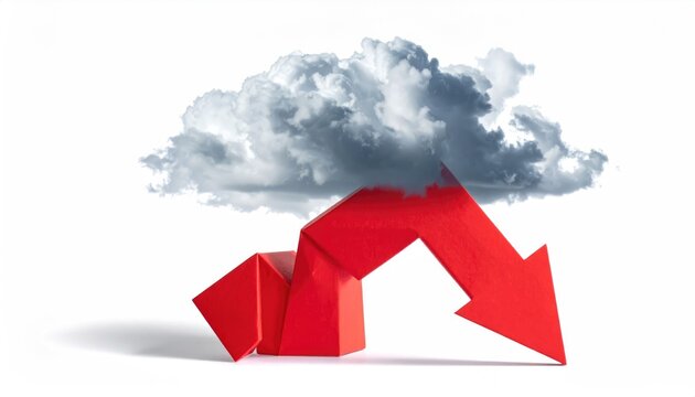 Red arrow symbolizing the decrease in business with a grey cloud at the top
