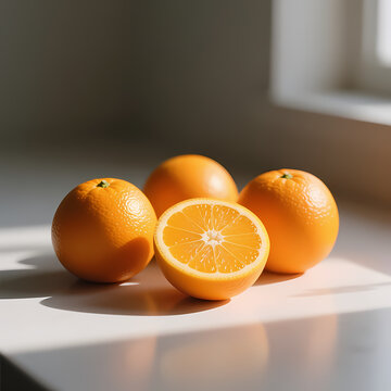 Fresh sunkist oranges arranged in a calm, uncluttered setting with soft lighting