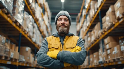 Warehouse Worker's Confident Demeanor: A dedicated warehouse worker stands confidently amidst rows of neatly organized boxes, radiating professionalism and expertise in a bustling distribution center.