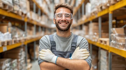 Warehouse Worker's Smile: A cheerful worker, clad in safety gear, stands confidently in a bustling warehouse. The image evokes a sense of industry and pride.