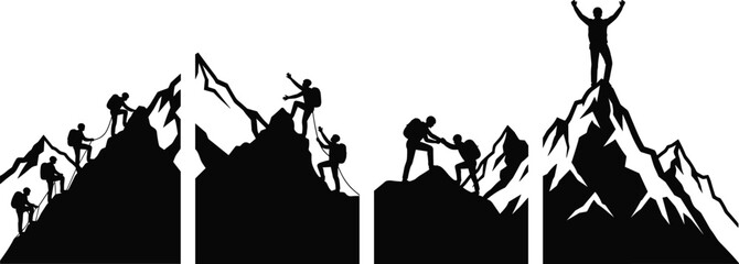 Mountain climbing silhouette, teamwork illustration, success concept, black and white, climbers journey, peak achievement, outdoor challenge, rope climbing, summit goal, adventure graphic, © Mst