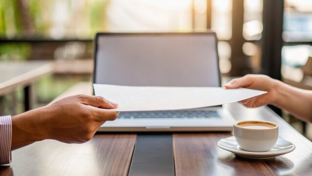 Hands exchanging a document over a laptop in a coffee shop, creating a professional and collaborative atmosphere.