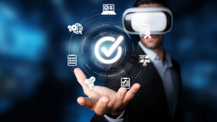 Futuristic Male User Engaged in Virtual Reality Experience with Digital Icons Representing Technology and Innovation in a Professional Setting. Raster.