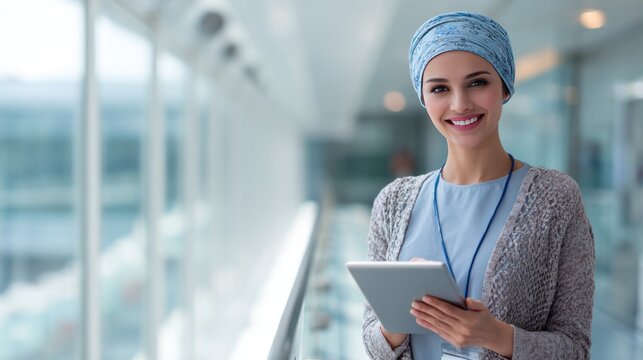 Elegant Professional in Modern Setting: A confident and stylish professional stands in a modern, light-filled space, holding a tablet and radiating warmth and poise.