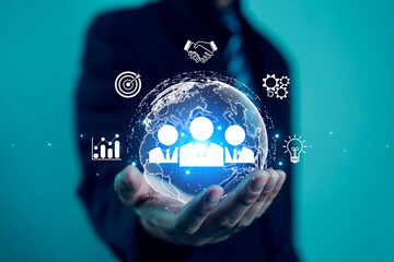 Businessman using people icon concept of development, data exchange, customer service, training, leadership, resources, policy, suggestions, professional team, recruitment, digital technology