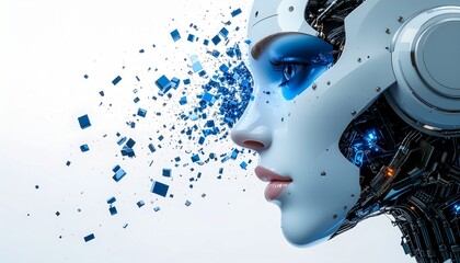 Cybernetic Face: Futuristic robotic face of a woman, with delicate features, merges technology and humanity