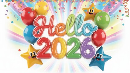 Festive hello 2026 with colorful balloons and stars isolated on white background