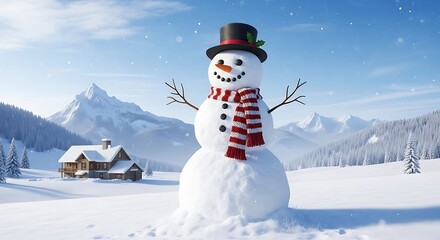 Fototapeta premium Cheerful snowman in a winter wonderland with cozy cabin