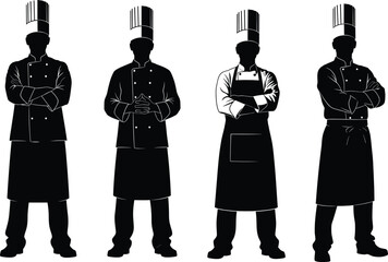 Professional chef team silhouette illustration, culinary experts wearing uniform and hat, restaurant kitchen staff vector art, cooking teamwork concept, black and white design