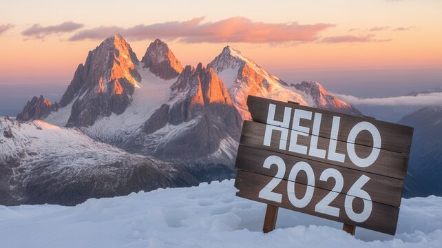 Scenic mountain view with hello 2026 sign in snowy landscape at sunset