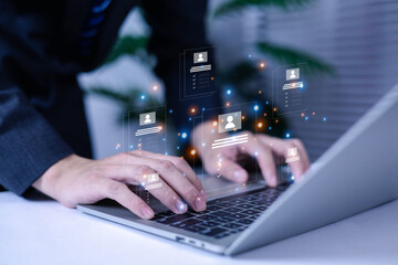 Businessman using people icon concept of development, data exchange, customer service, training, leadership, resources, policy, suggestions, professional team, recruitment, digital technology