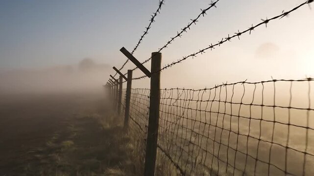 A stark barbed wire fence stretching into the distance on a foggy morning, symbolizing boundaries, division, and uncertainty