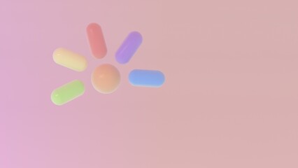Soft pastel radial arrangement with colorful capsules surrounding a central sphere on pink background