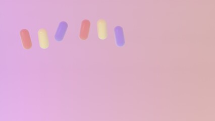 Soft pastel capsules arranged in a loose arc over a smooth pink gradient background