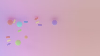 Soft pastel composition with scattered capsules and spheres over a wide pink gradient background